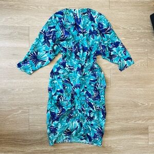 Vintage 80s Floral Rayon Dress: Blue Batwing Sleeve Midi